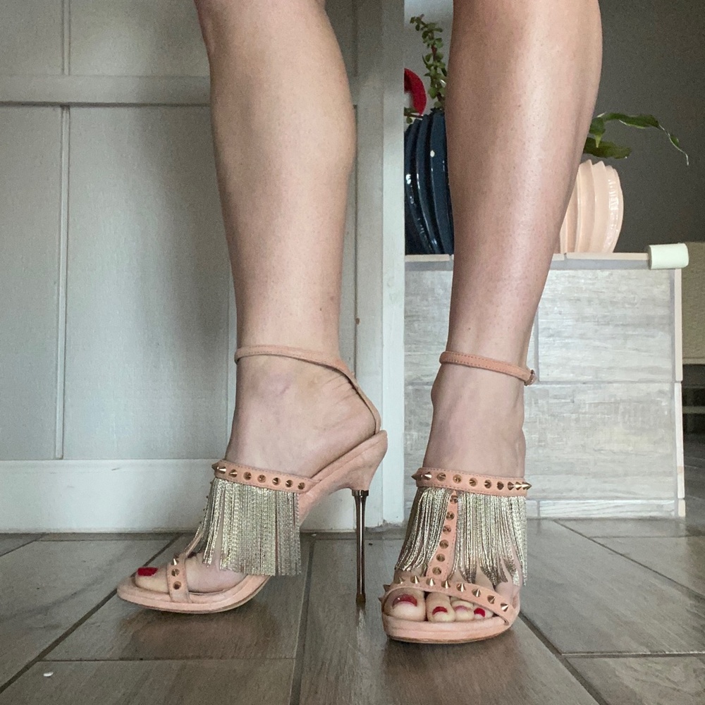 BRIAN ATWOOD Gold Studded Fringe Heels